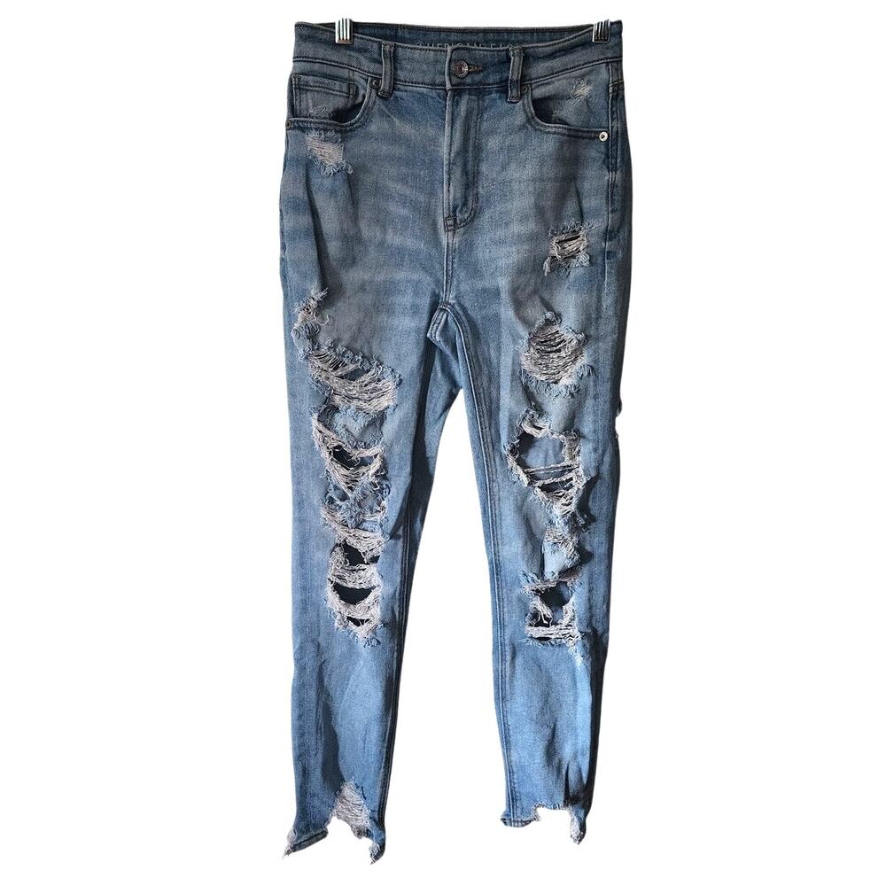 American Eagle Outfitters Stretch Mom Jeans High Rise Distressed Frayed Size 0